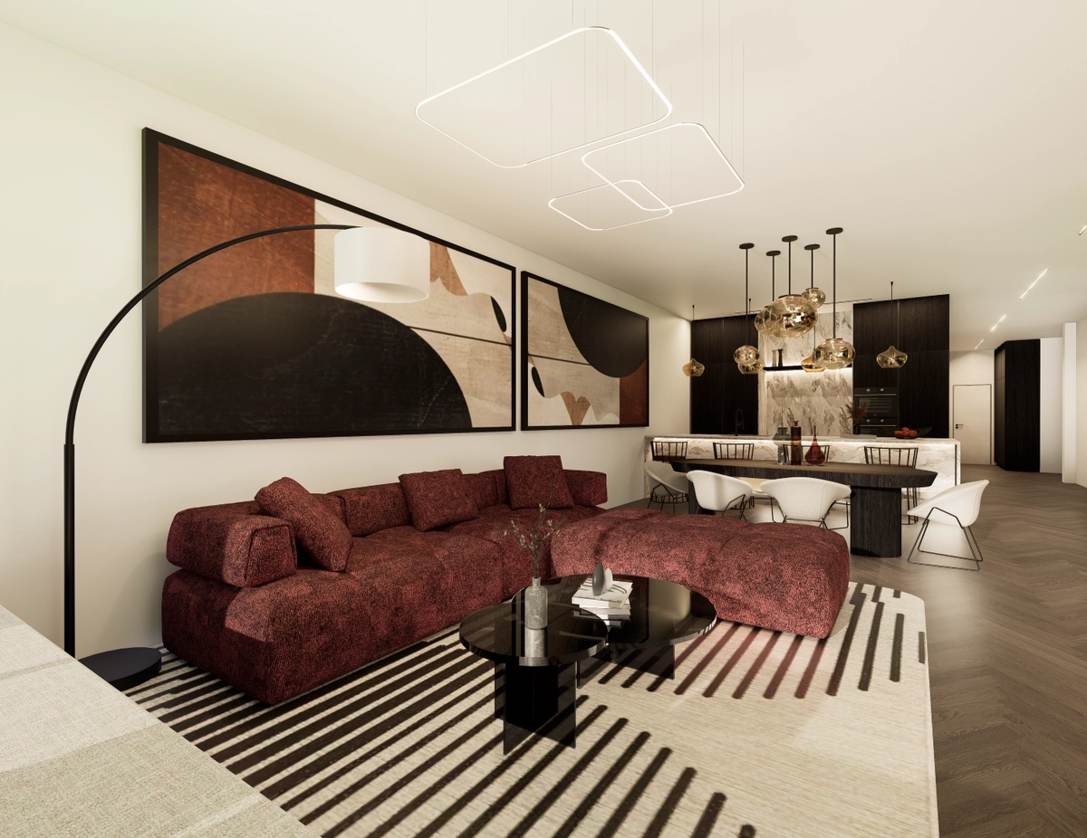 Bordo sofa ispred velikih apstraktnih umjetničkih djela