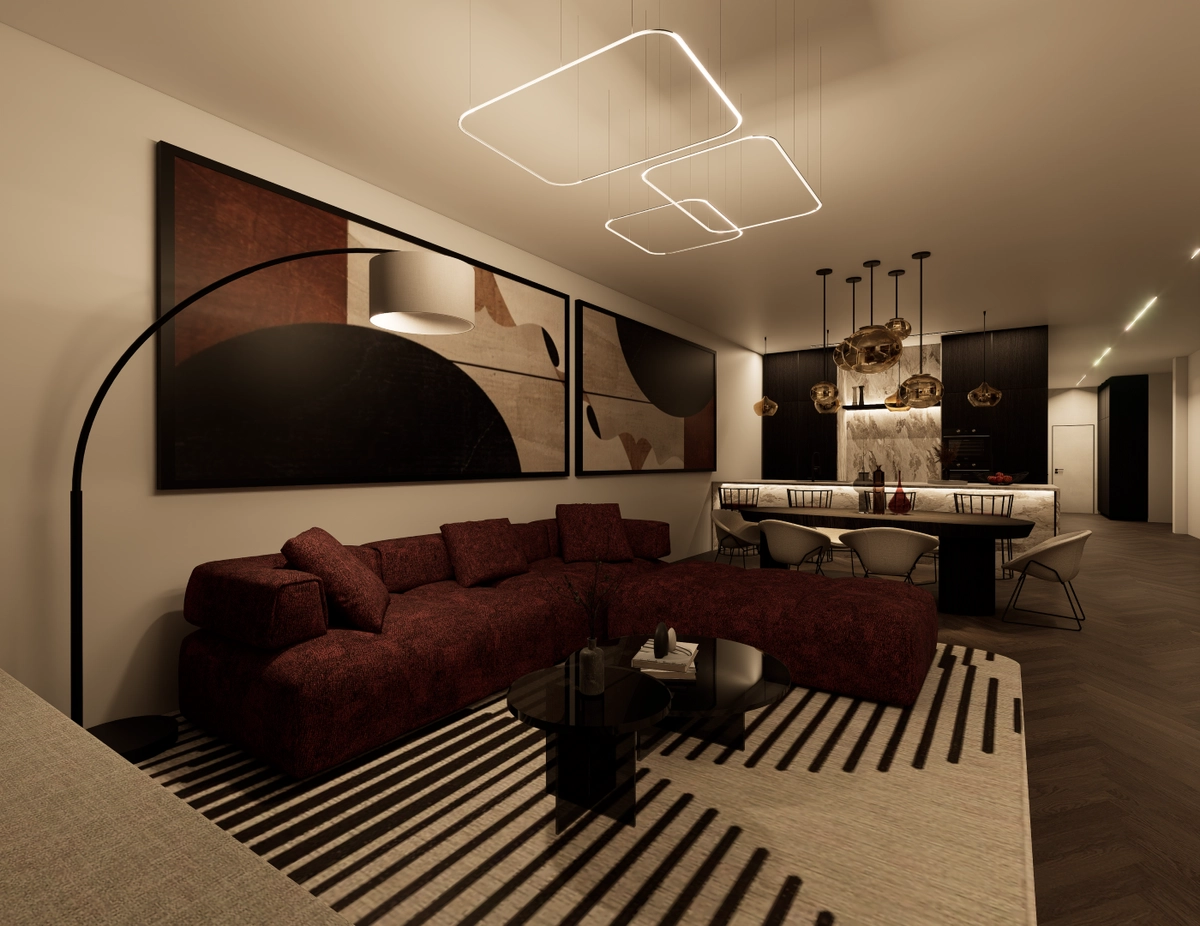 Bordo sofa, apstraktna umjetnost i geometrijska stropna rasvjeta